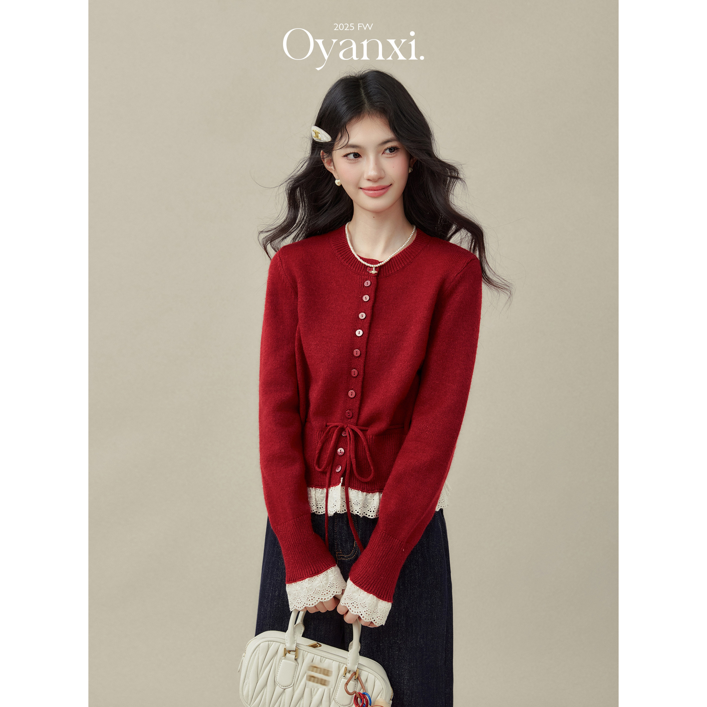 欧阳喜《红叶零落》新年氛围感红色毛衣女秋冬圆领抽绳开衫针织衫