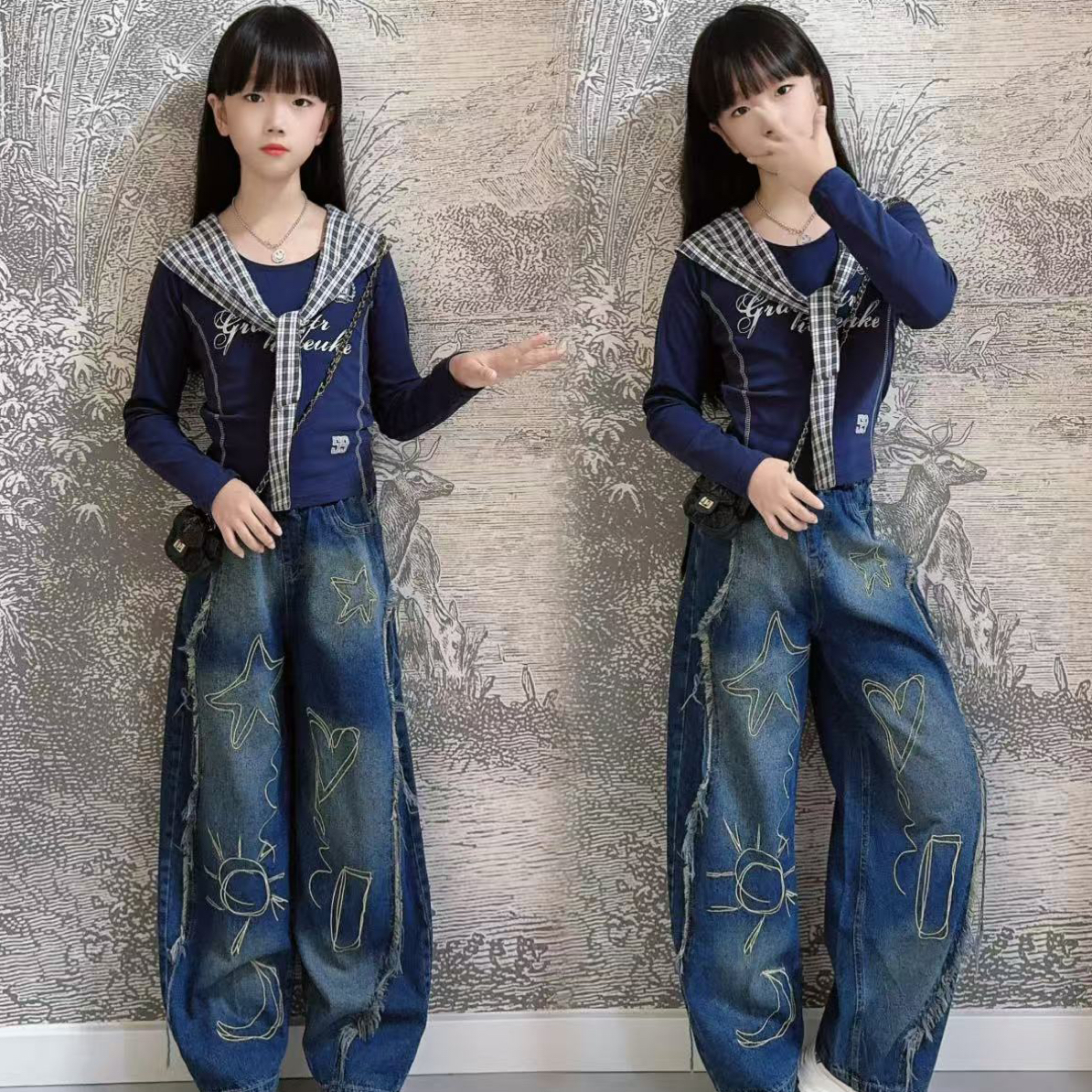 女童美式复古牛仔阔腿裤2025春秋新款中大童高街刺绣做旧毛边