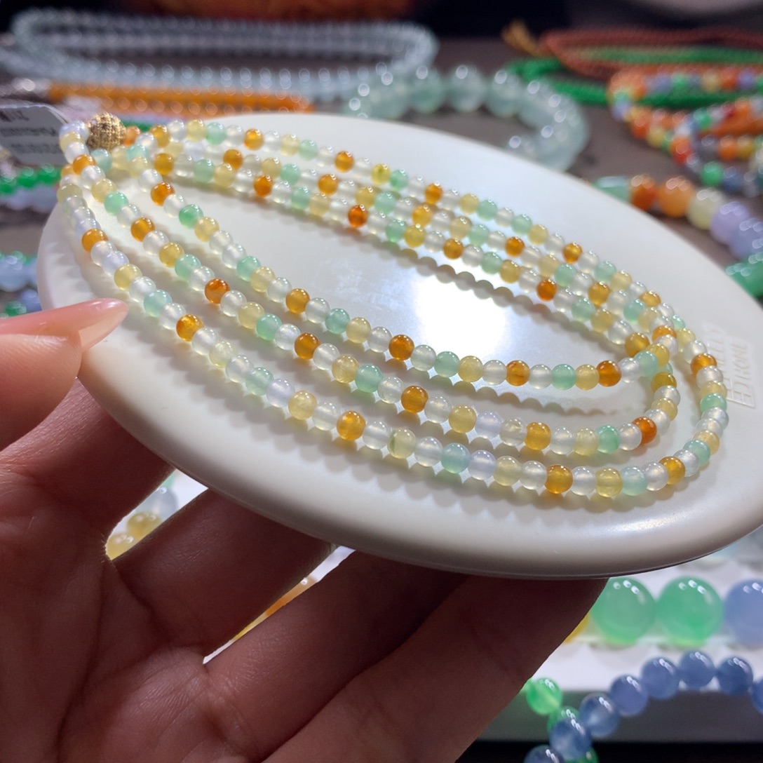 翡翠未镶嵌手链冰透黄加绿小米项链卡3.3