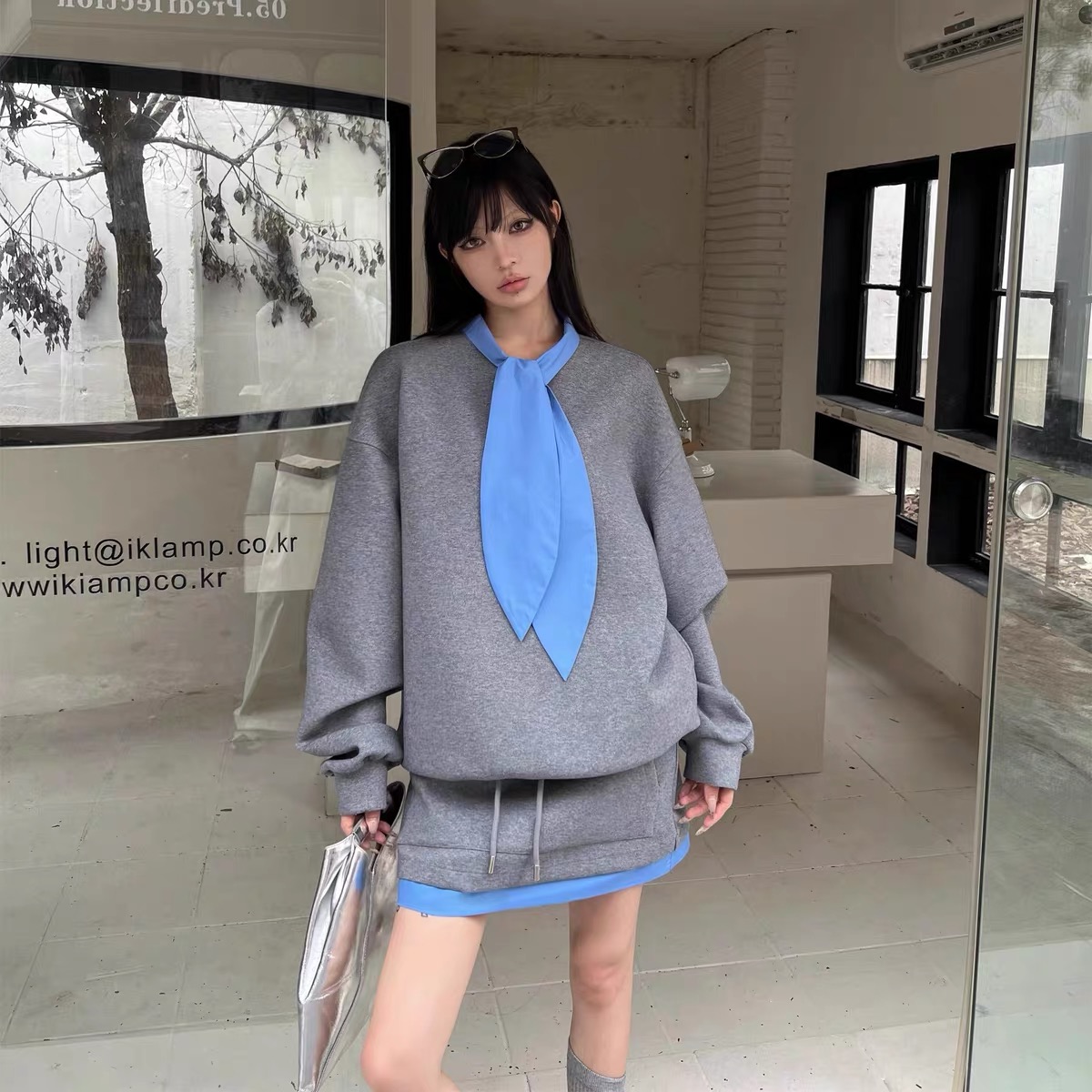 【拽姐】韩版两件套裙2025新款撞色拼接领结蝴蝶结卫衣+短裙加绒厚