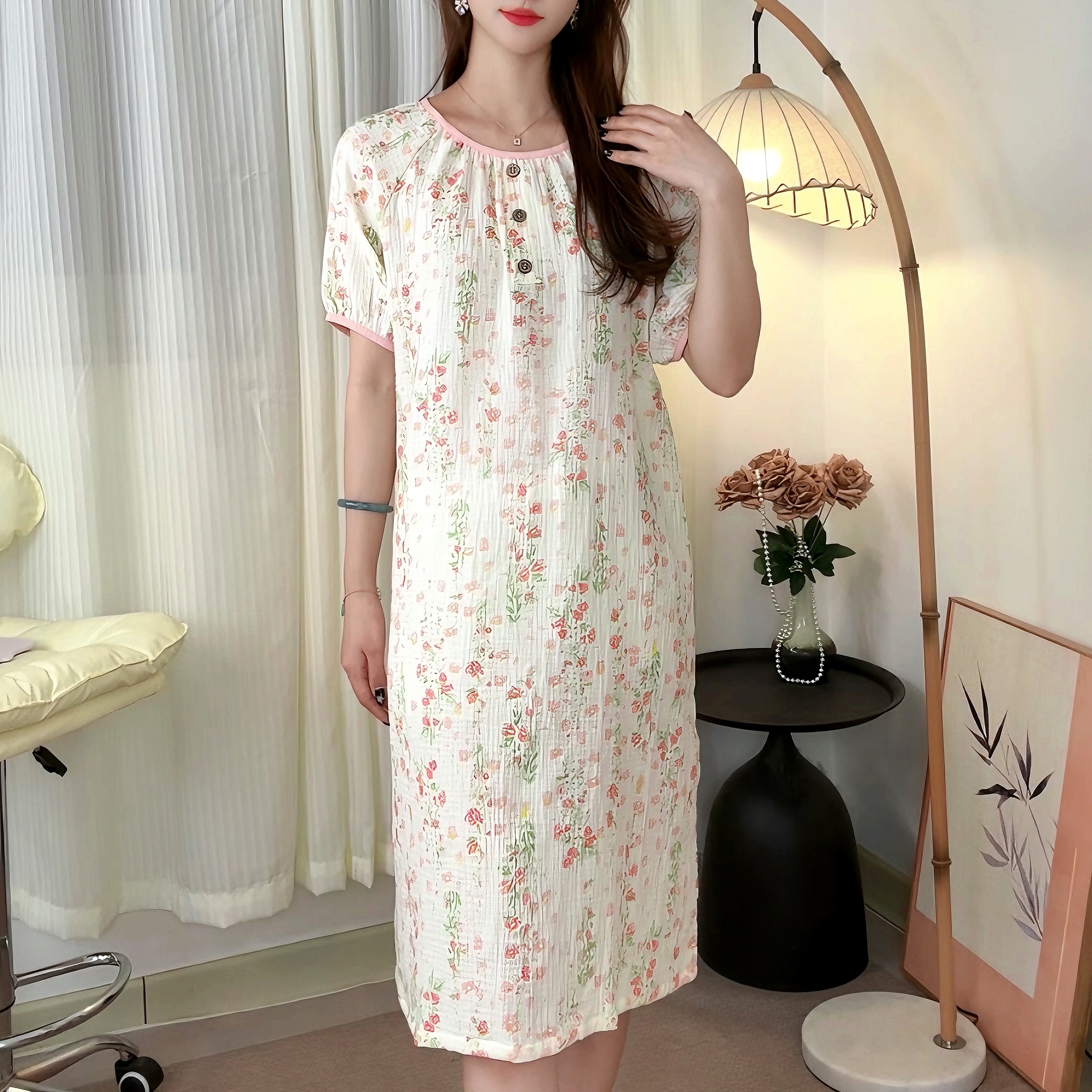 100%纯棉A类夏季棉纱睡裙女甜美少女半袖连衣裙全棉家居服新