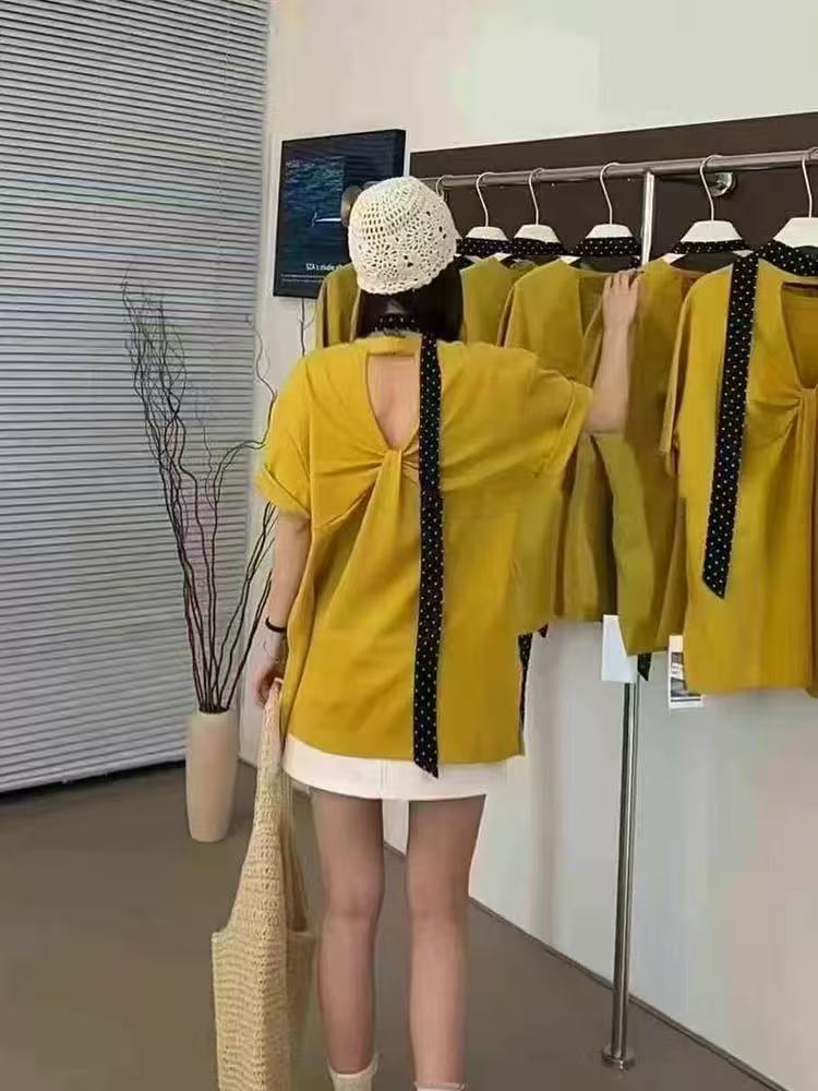 8795#后背镂空交叉扭结T恤2025夏季新款圆领百搭时尚个性T恤