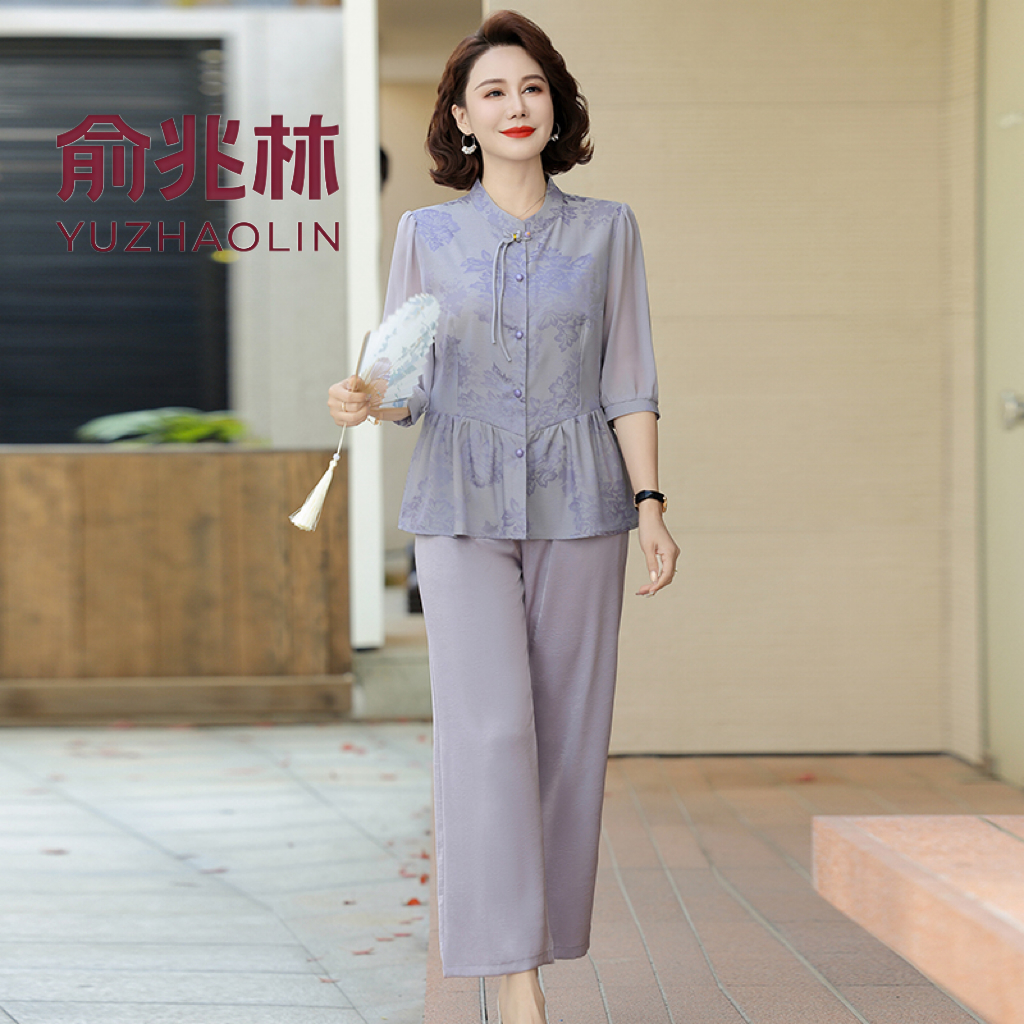 妈妈夏装新款两件套时尚显瘦中式中老年女装气质中袖上衣裤子套装