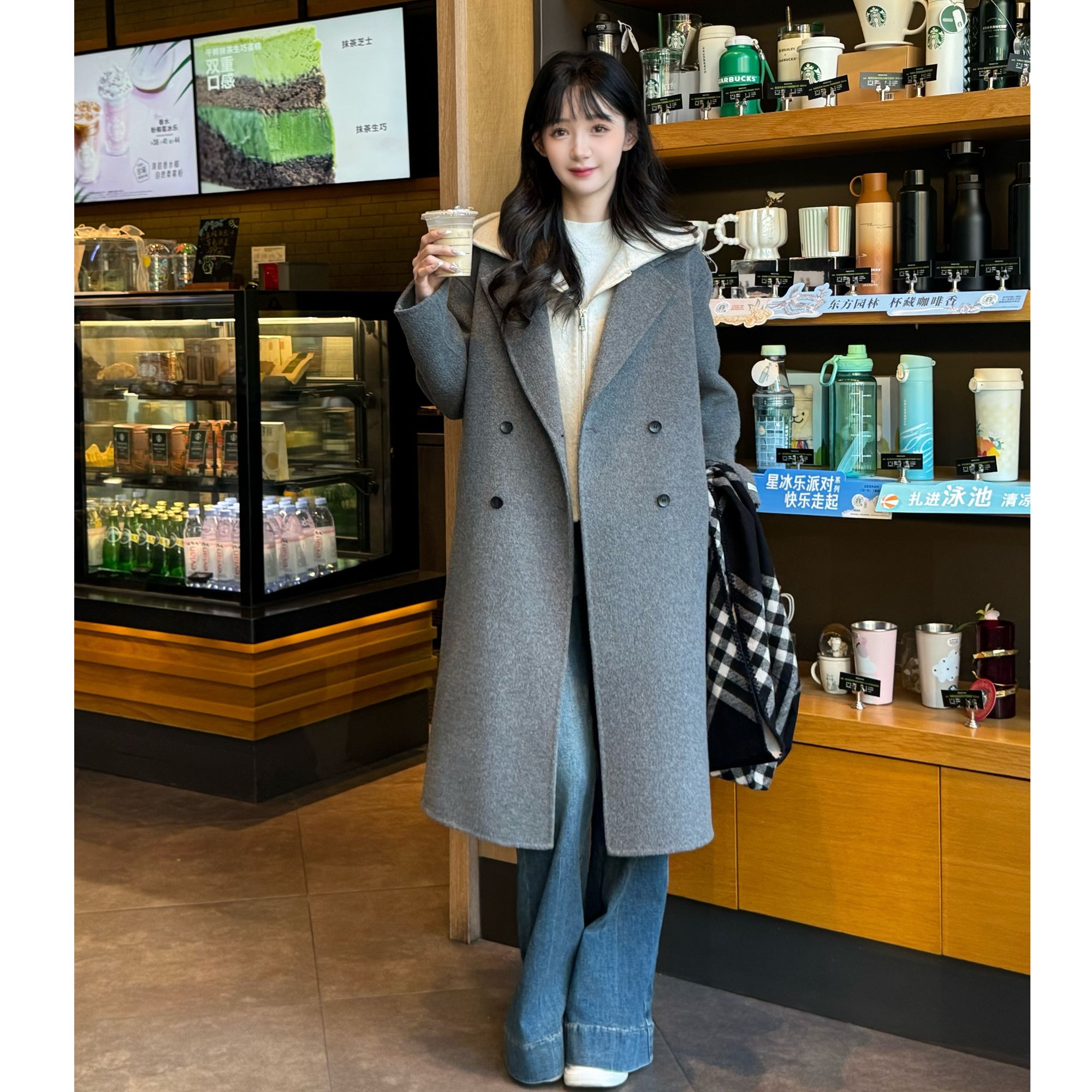 HSTYLE/韩都衣舍秋冬女高级感双排扣西装领短款双面羊毛大衣25902