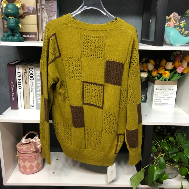 ML5505 时尚圆领姜黄色撞色方块百搭上衣