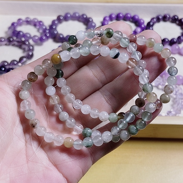 水晶手链银S925镶嵌彩兔毛三圈