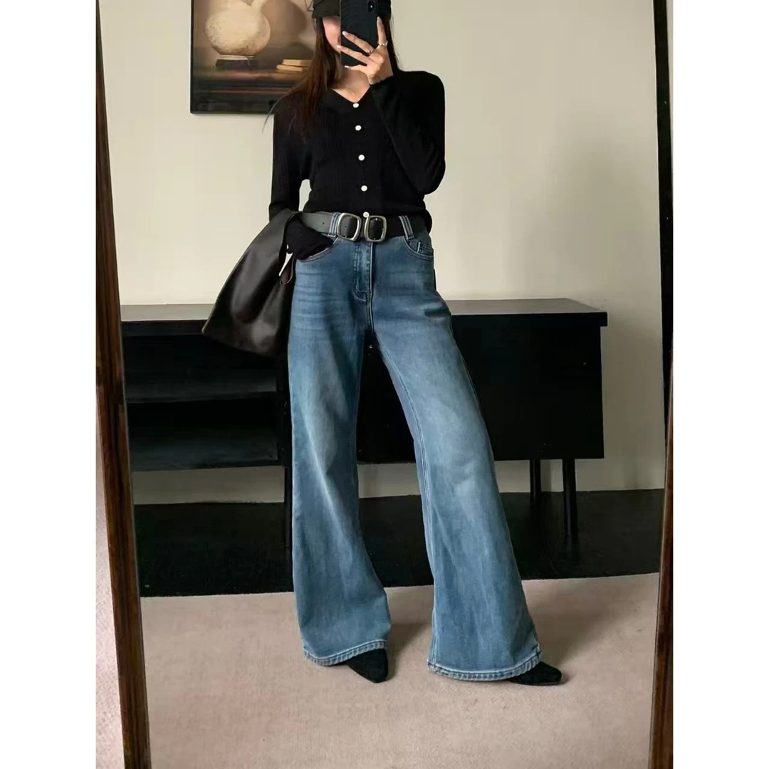 秋冬新款高腰显瘦宽松微喇叭牛仔裤9003