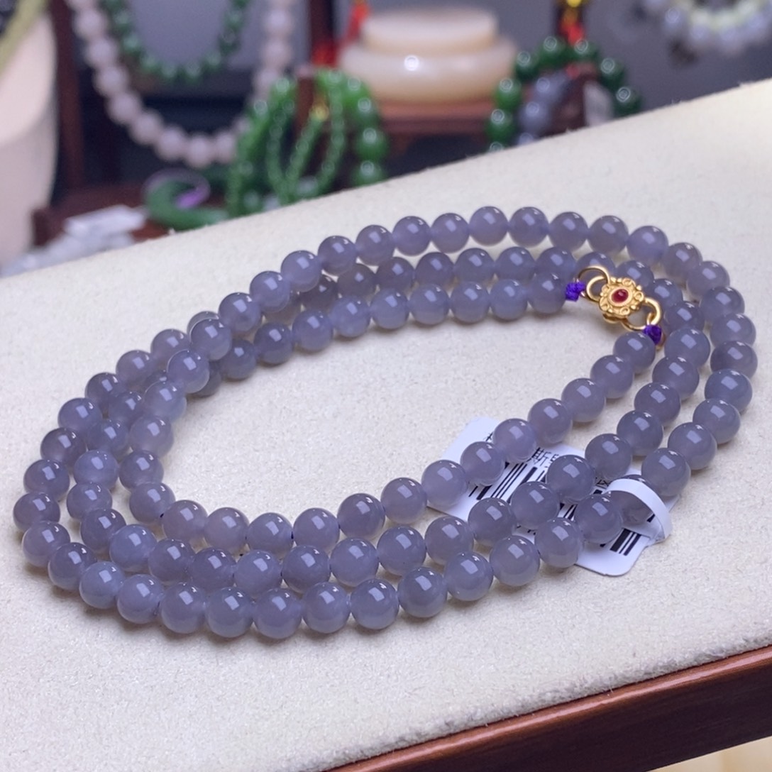 和田玉毕业级浓烟紫高冰底珠链5.6m未镶嵌