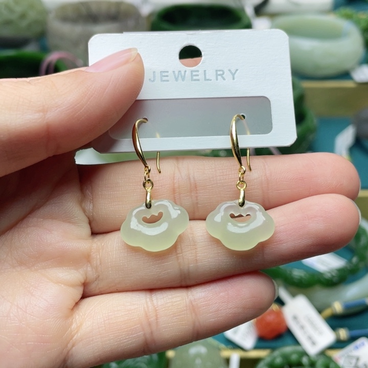 和田玉耳饰银S925镶嵌