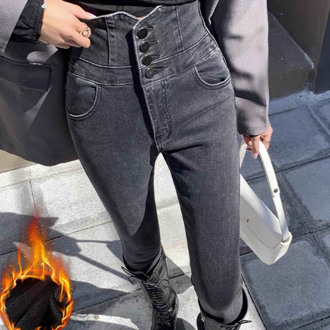 （默认瑕疵，没有运费险）c61四排扣加绒加厚弹力小脚牛仔裤