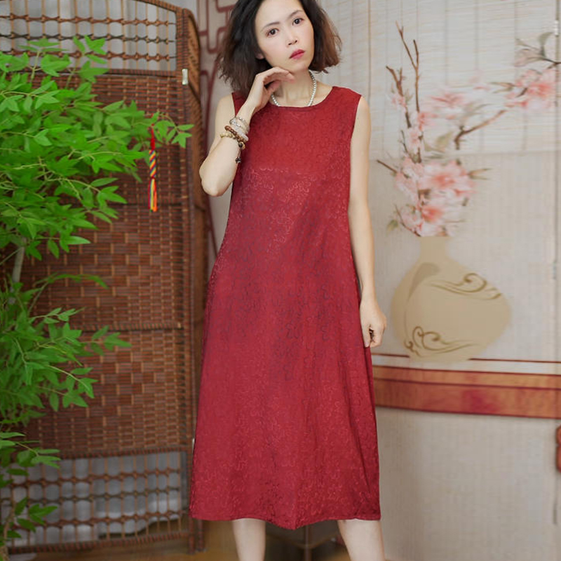 112 桔色花朵复古无袖背心裙夏季边衣裙中长款简约裙子时尚气质