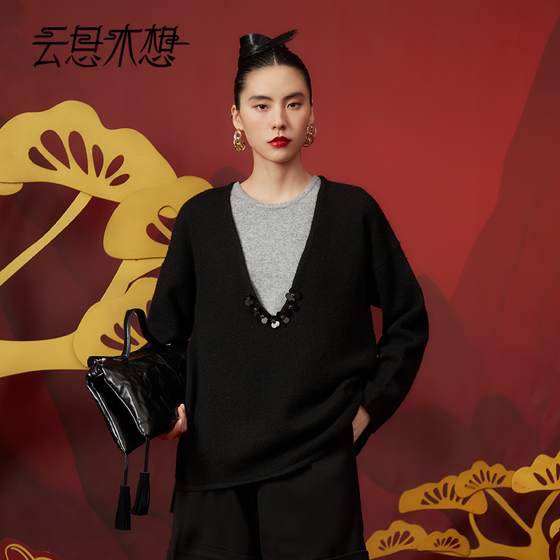 Ysimo-X云思木想 落珠梦璃 手工钉珠片撞色两件套毛针织衫12741