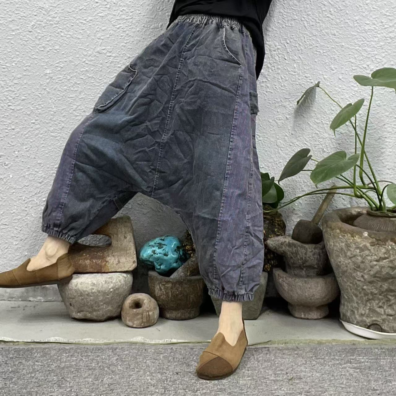 088-2撞色拼接垮裤牛仔裤（长80臀围134脚口30