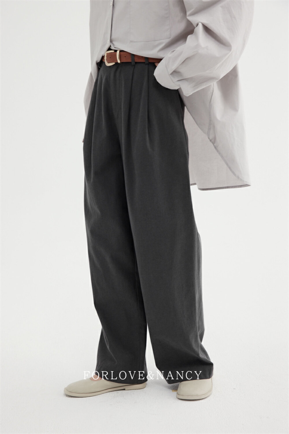 【南希】31076 韩版休闲简约高腰显瘦阔腿百搭天丝休闲裤(配腰带) 