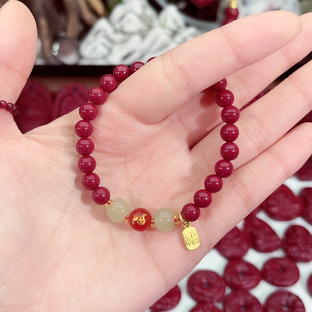 天然辰砂正品紫金砂卡6生肖鸡手链