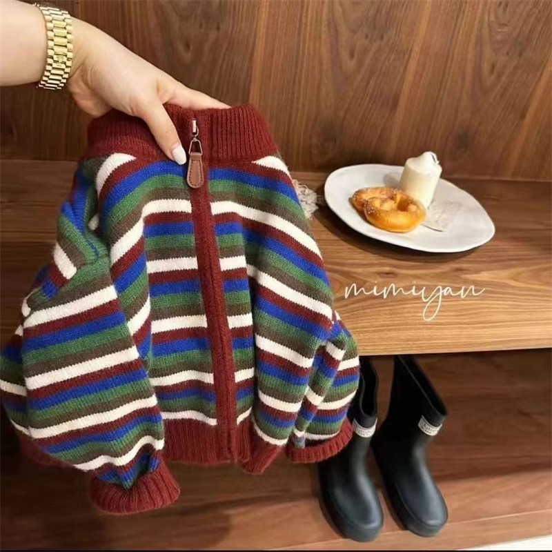 全棉时代男童儿童毛衣2025彩色条纹开衫外套女童拉链针织衫秋冬款
