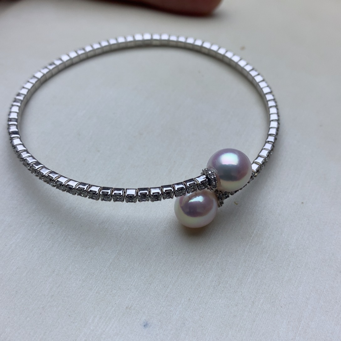 海水珍珠手镯银S925镶嵌8-8.5akoya双珠手镯