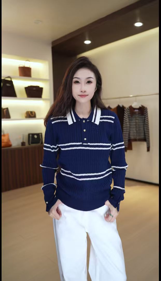 7681秋冬时尚翻领条纹休闲长袖针织衫