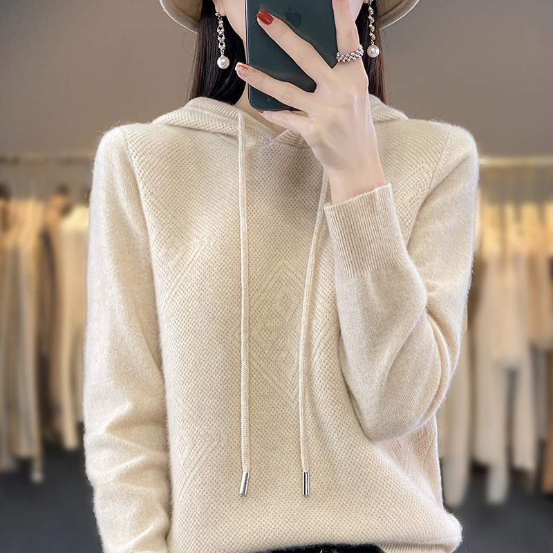 秋冬加厚针织连帽衫大码套头打底衫宽松百搭休闲减龄纯色卫衣