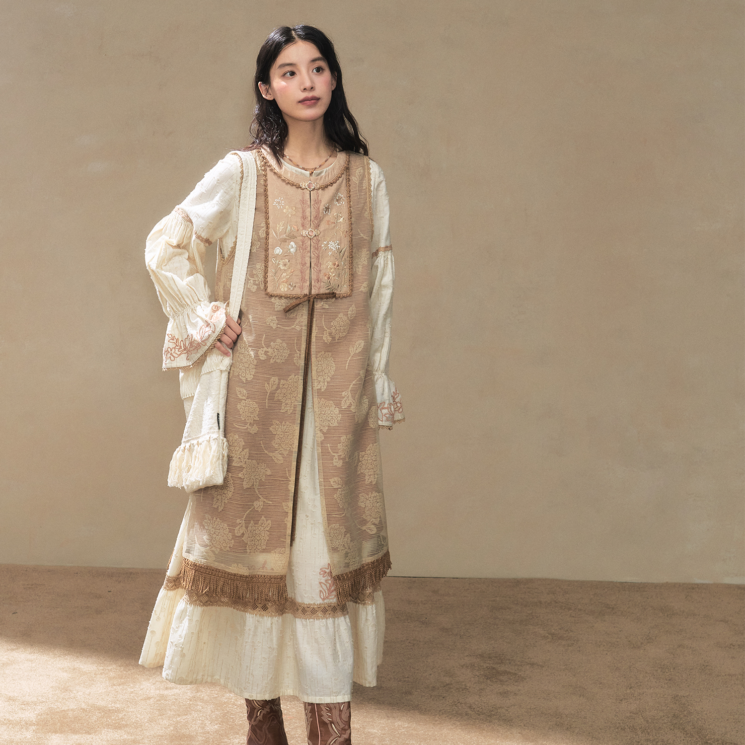 七月夕【蕨时录】汉服绣花长比甲外套蕾丝长袖连衣裙秋国风套装女