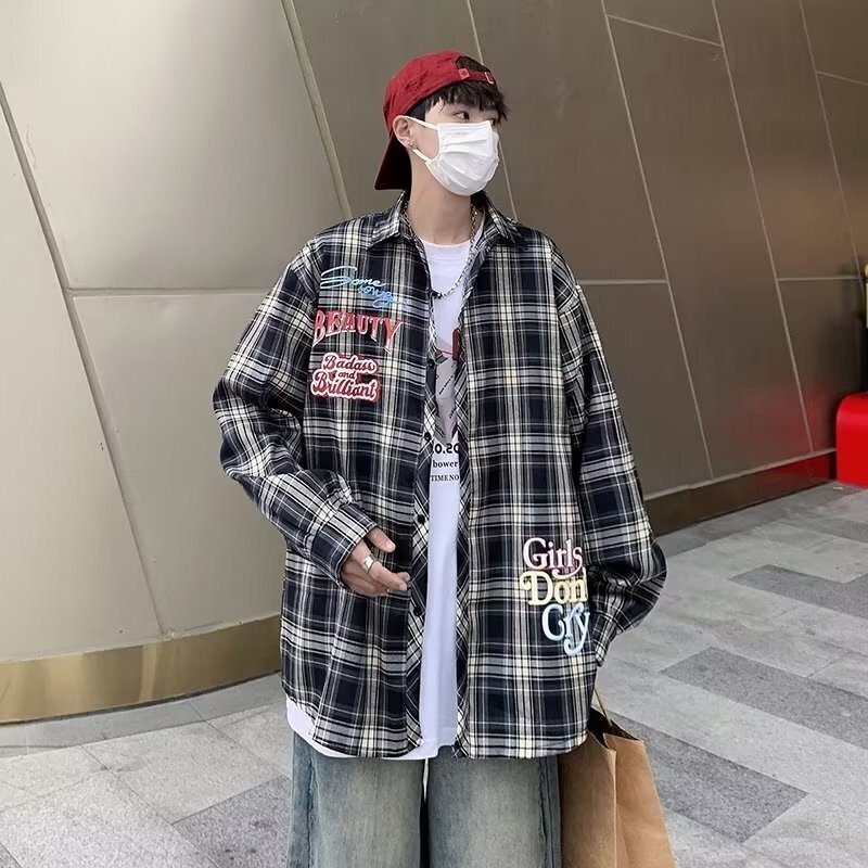 S38格子衬衫男秋季长袖痞帅日系复古休闲青少年衬衣外套小众