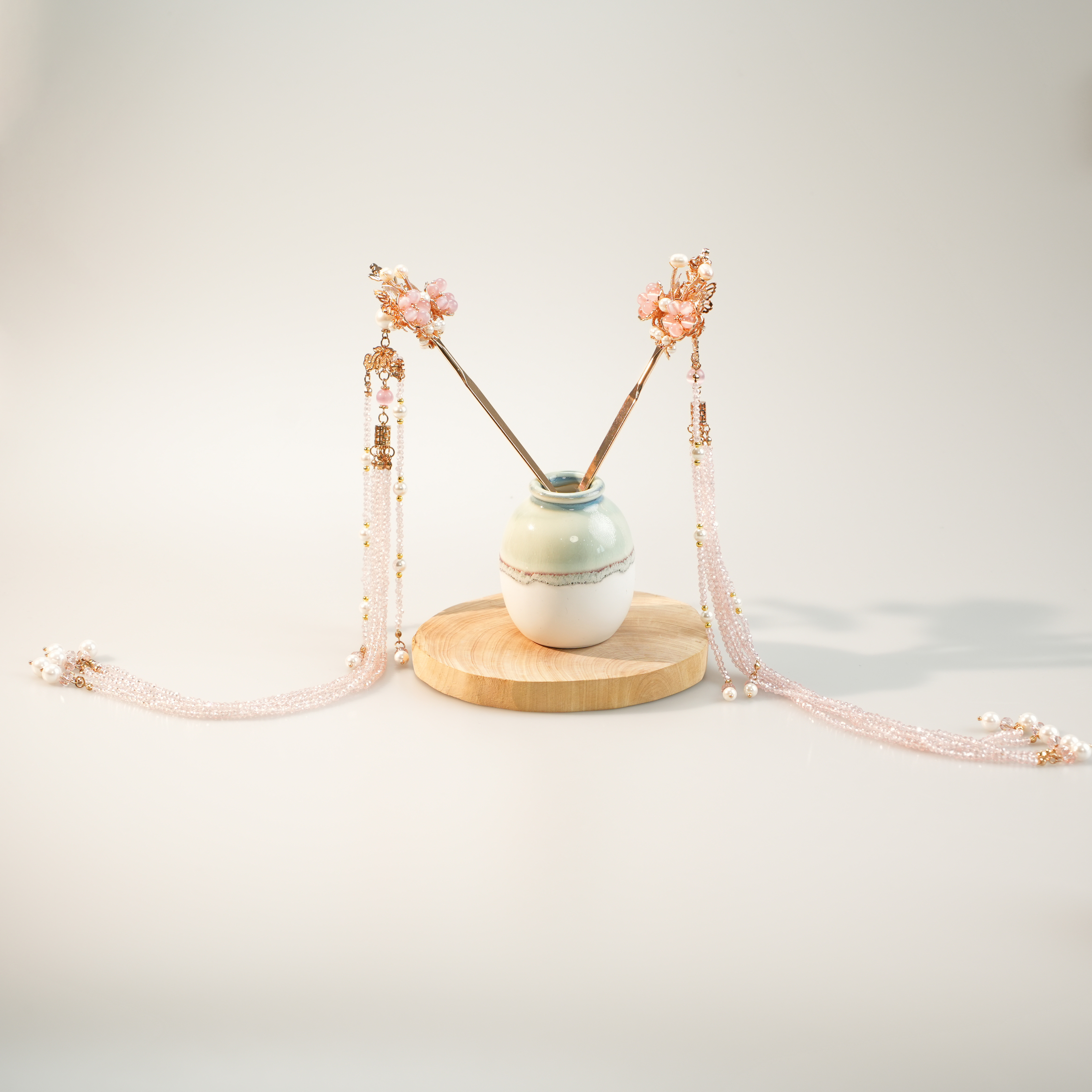 古悦倾城【悦宁】古风汉服发饰粉色长流苏盘发簪子