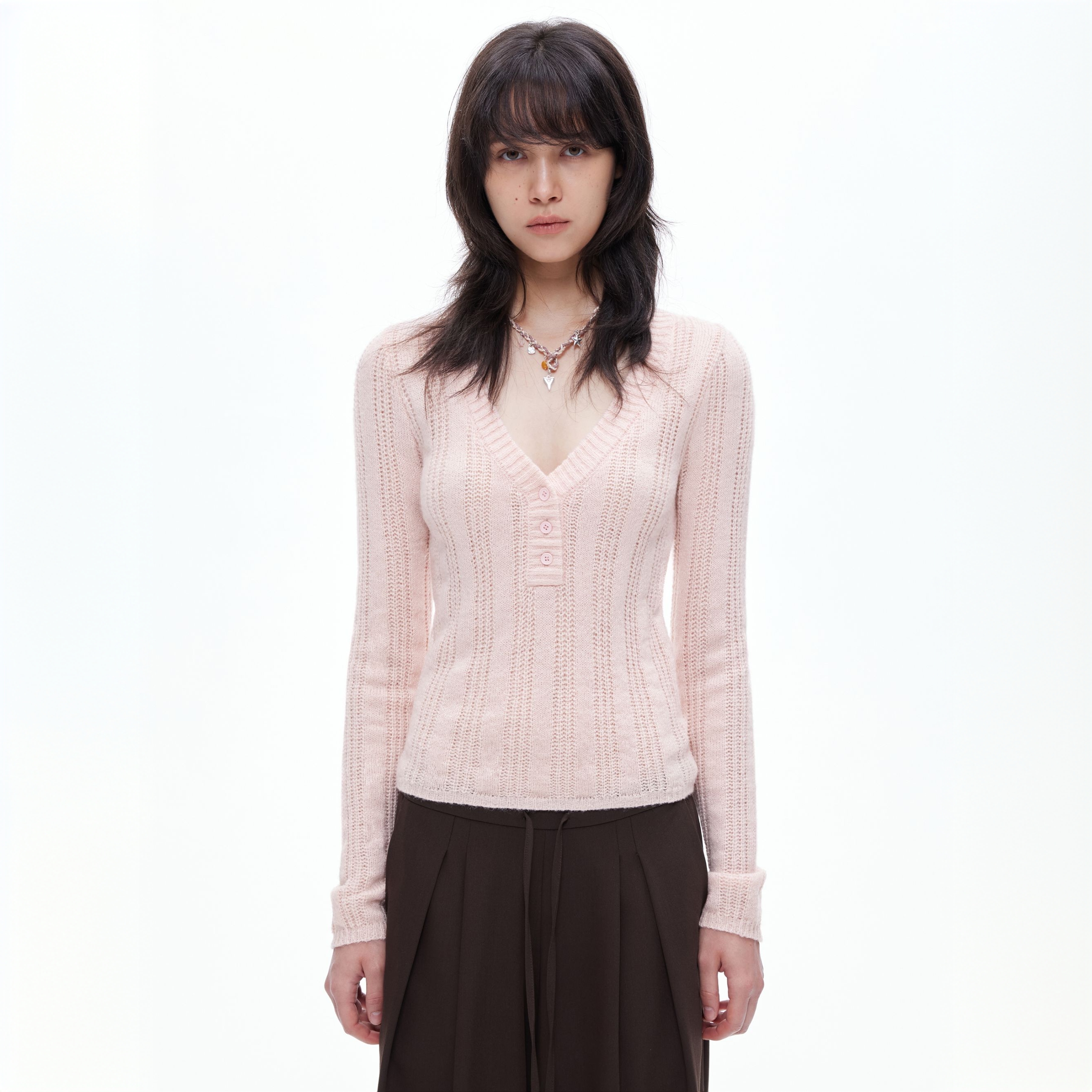 AD1S WPKD1 藕粉色V领毛织上衣女2025新款竖坑条螺纹镂空毛针织衫