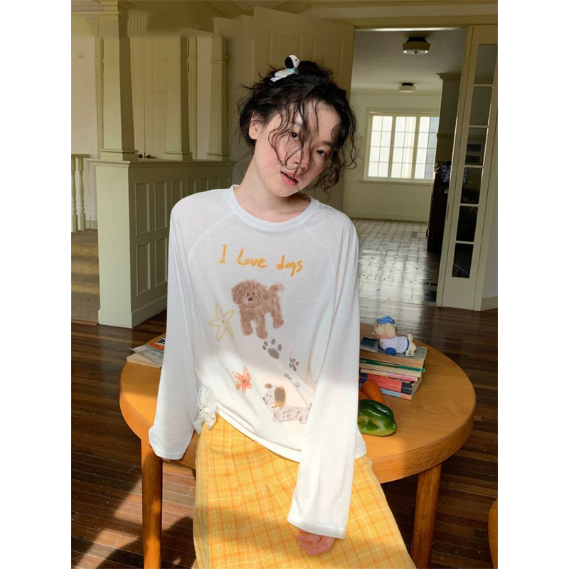 【ZHAP】新款早秋款防晒罩衫长袖t恤上衣女超精致白色斜肩宽松上衣