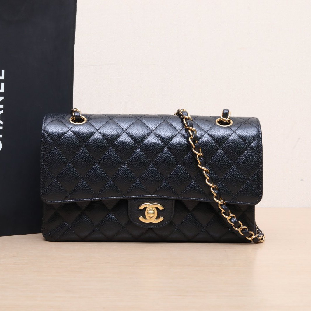 95新 Chanel/香奈儿 【黑黑】CF 口盖包 中号 黑色 芯片开 金扣