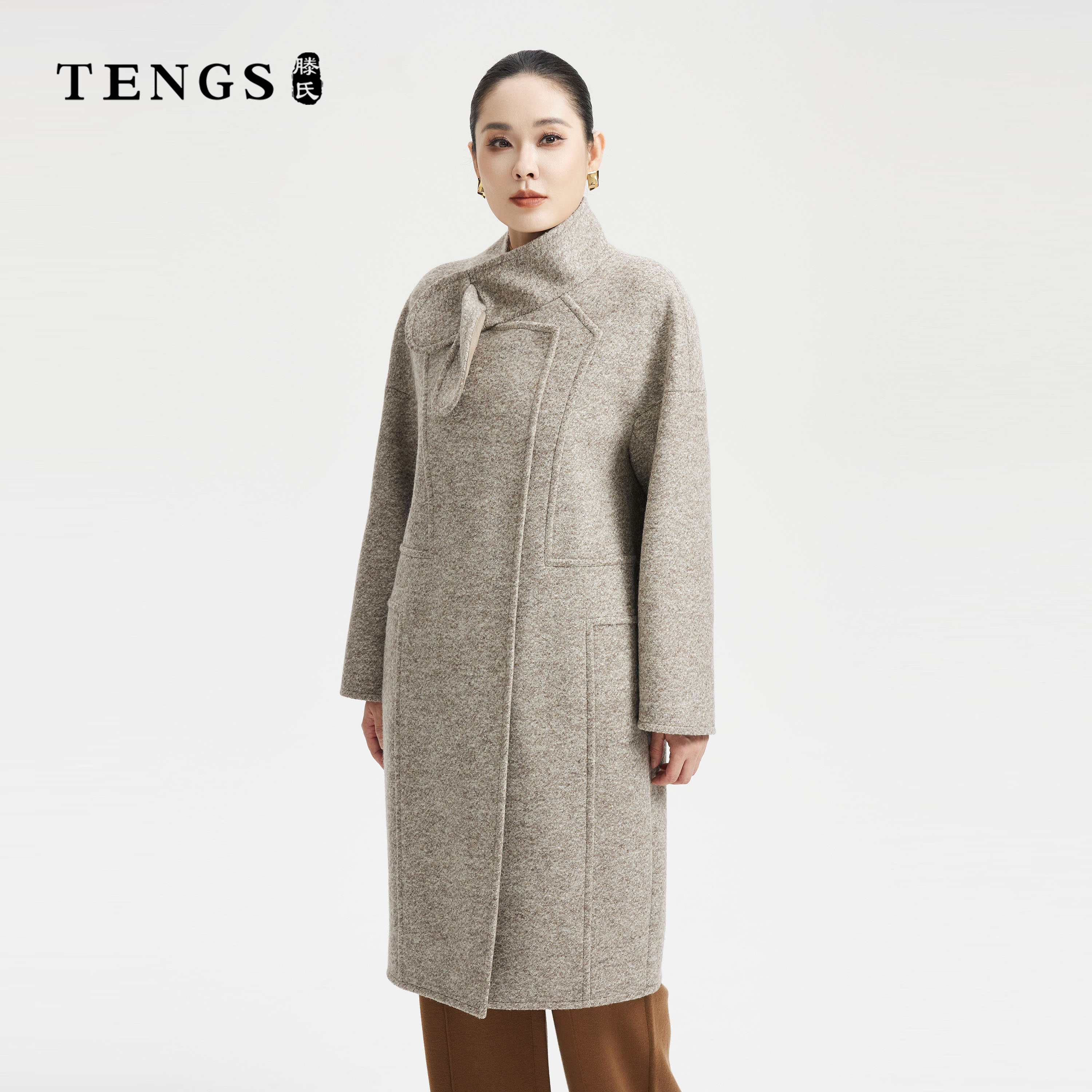TENGS滕氏女装秋冬新款绵羊毛毛呢高领廓形长款大衣