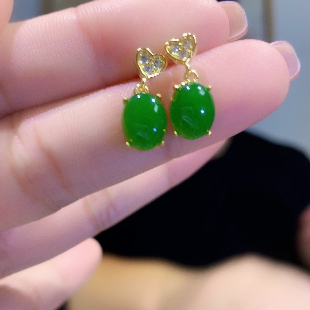 和田玉（碧玉）耳饰银S925镀金镶嵌