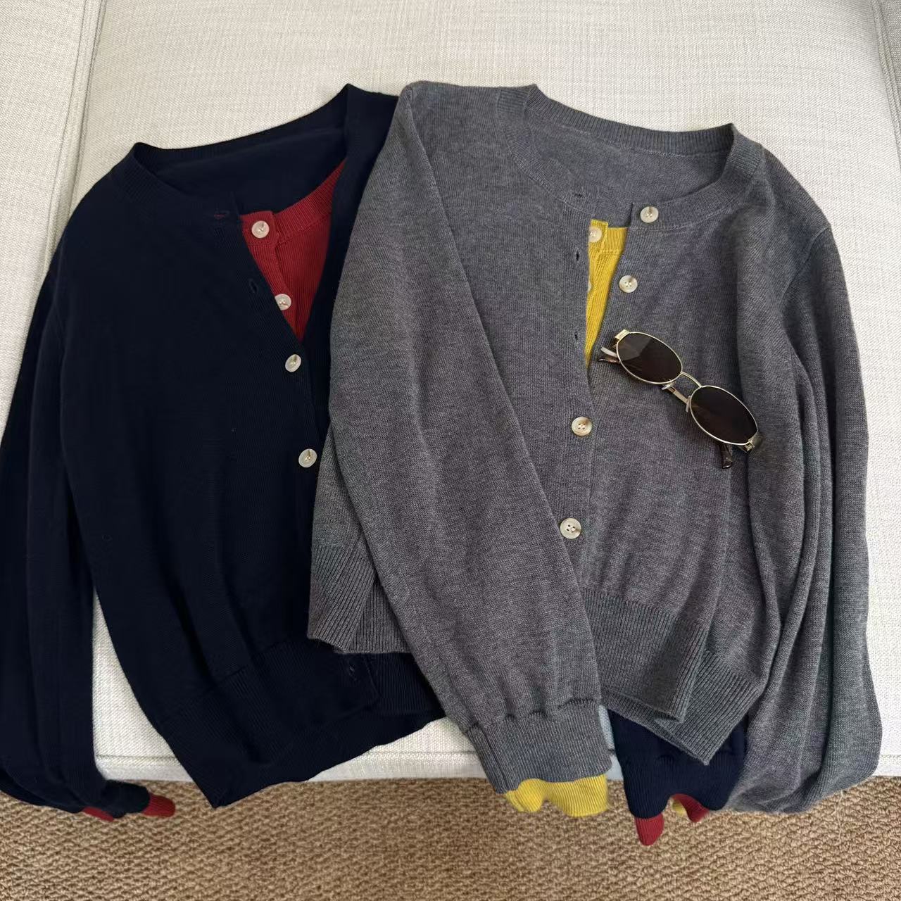 巴素兰羊毛假两件撞色显瘦针织开衫Y8821