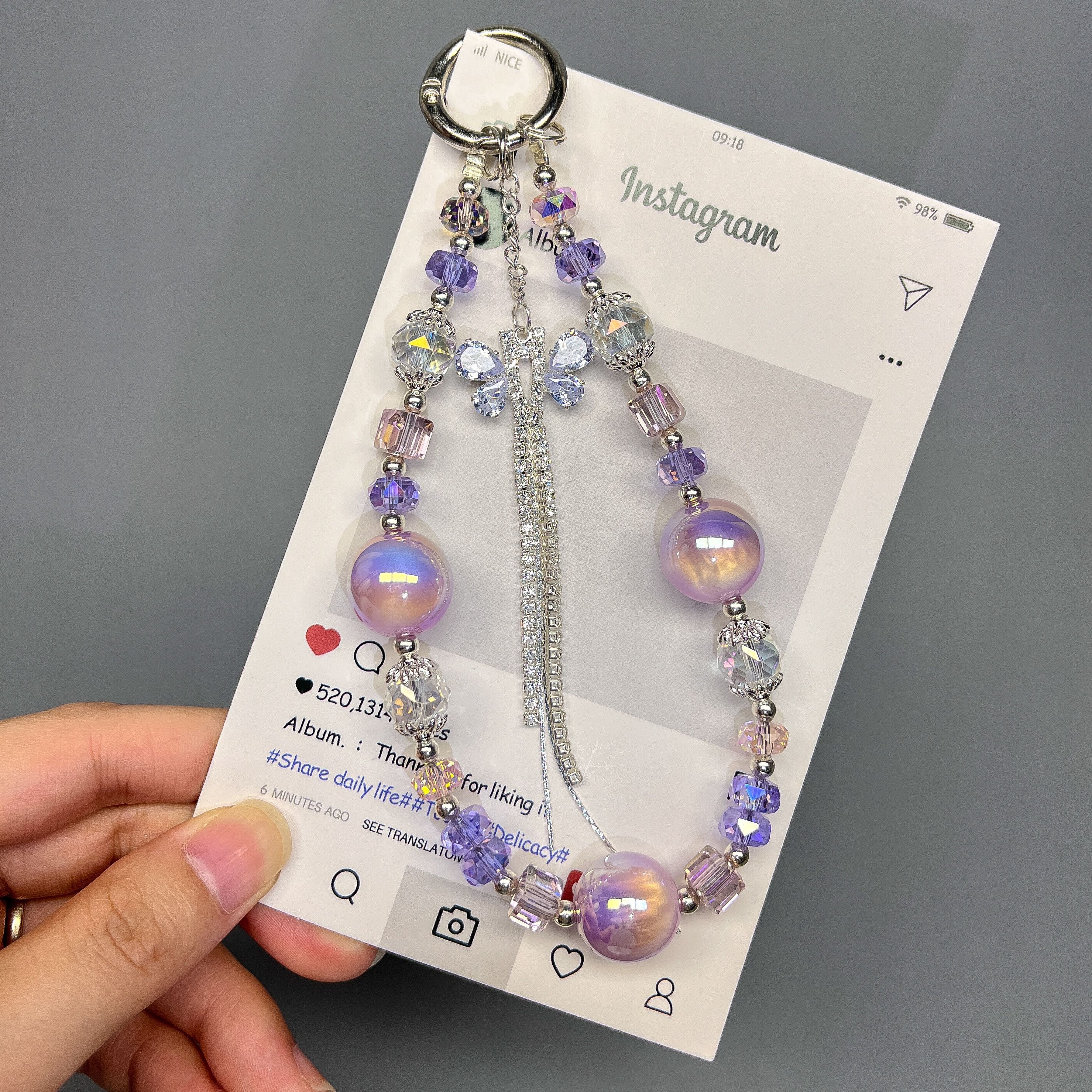 幻彩蝴蝶水晶串珠手机链防丢百搭高级感手机挂绳精致包挂钥匙扣女