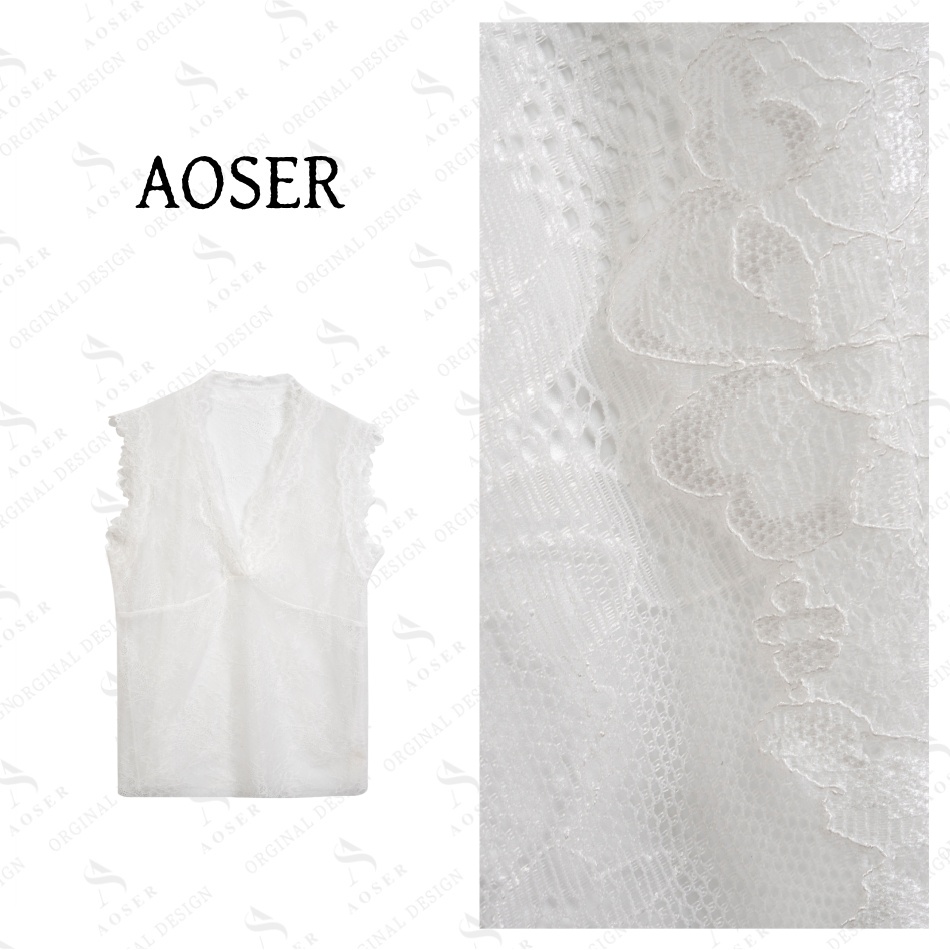 AOSER设计感时尚V领蕾丝百搭镂空无袖打底衫内搭女装打底衫6155