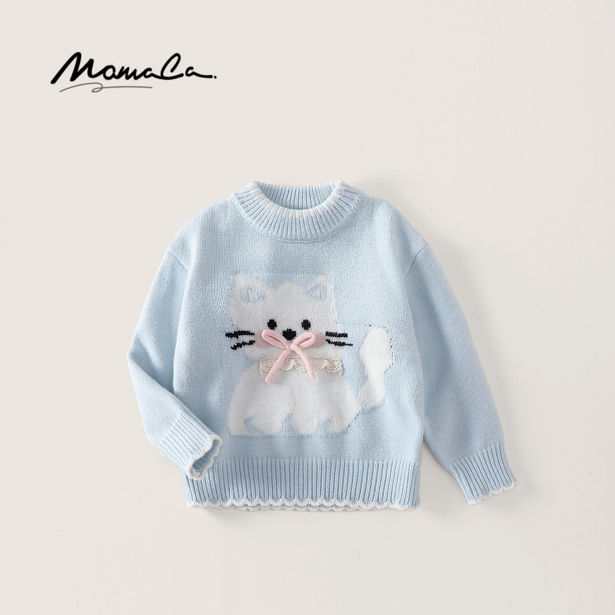 MOMOCO2025秋冬女宝毛衣甜美可爱猫咪百搭套头针织衫77880230010