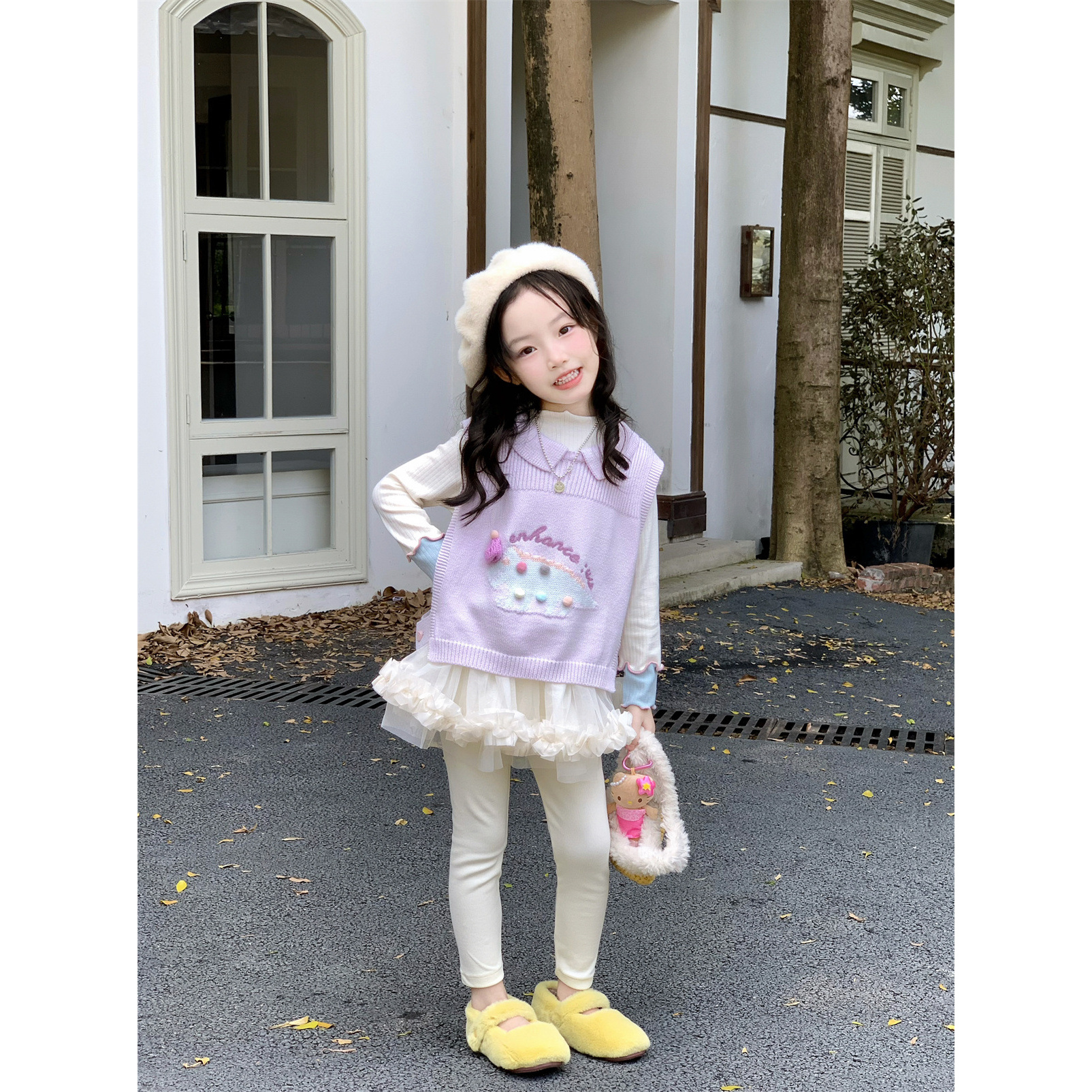 Bmy2025at 秋季新款女童卡通毛线背心木耳边打底纱纱裙裤套装