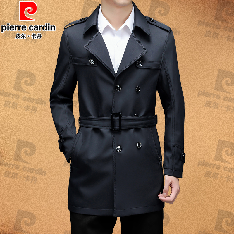 皮尔卡丹2025男士春秋中长款风衣中年西装领外套排扣时尚修身大衣
