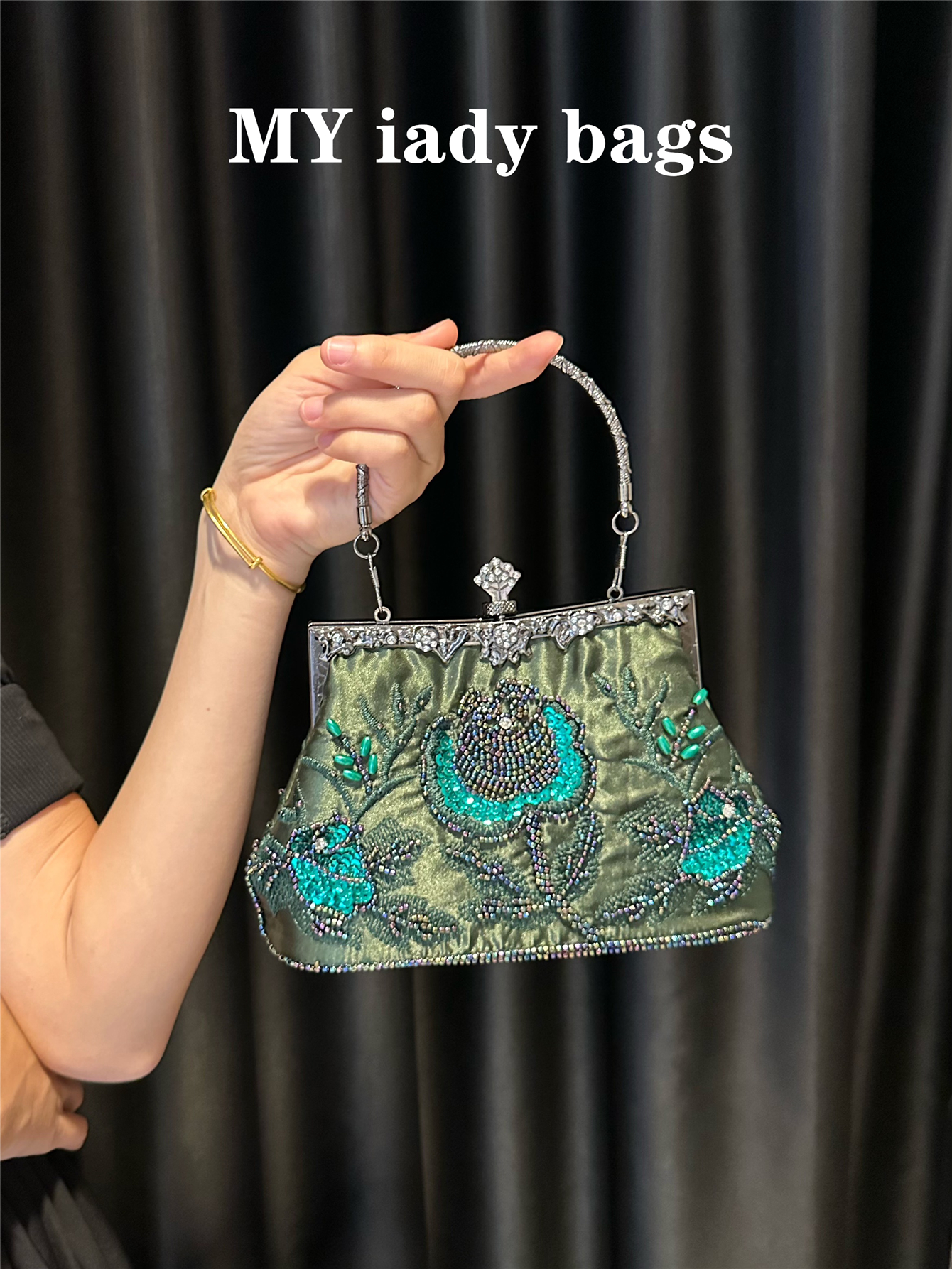 旗袍包包手提包复古手工钉珠包新娘包民族风晚宴包串珠铜架晚装包