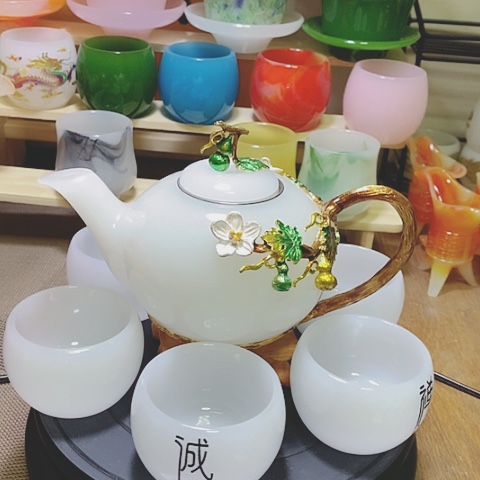 羊脂玉瓷琉璃中式珐琅彩福禄寿喜一壶六杯礼盒套装