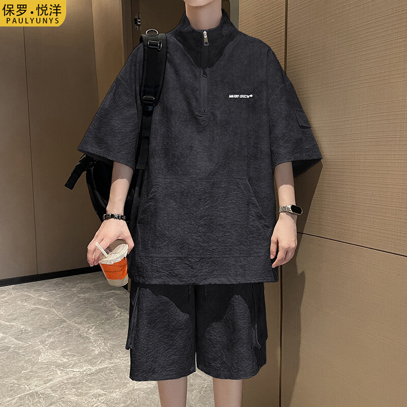 半拉链扎染休闲套装男生2025夏季潮牌宽松运动短袖短裤穿搭两件套
