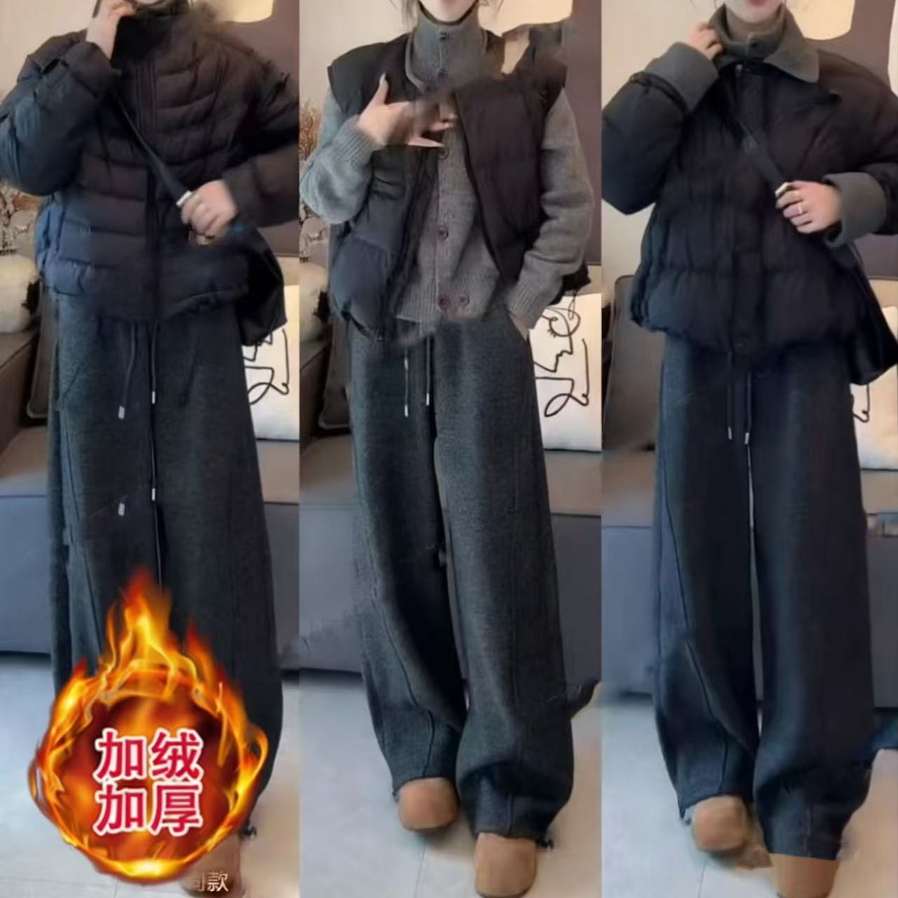 毛呢冬新款韩版加厚阔腿裤女高腰宽松垂感显瘦保暖弯刀裤