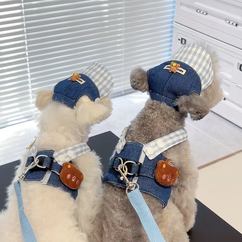 春秋宠物胸背牵引绳狗狗猫咪衣服小熊牛仔胸背可爱宠物短款可牵引