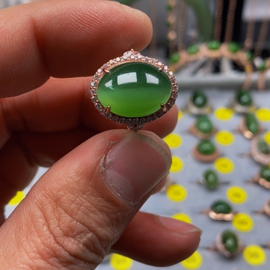 和田玉（碧玉）戒指银S925镶嵌毛*