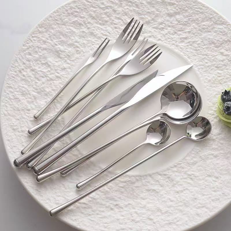 【艺术轻奢】千叶304不锈钢实心长柄刀叉勺优雅镜面抛光高档餐具