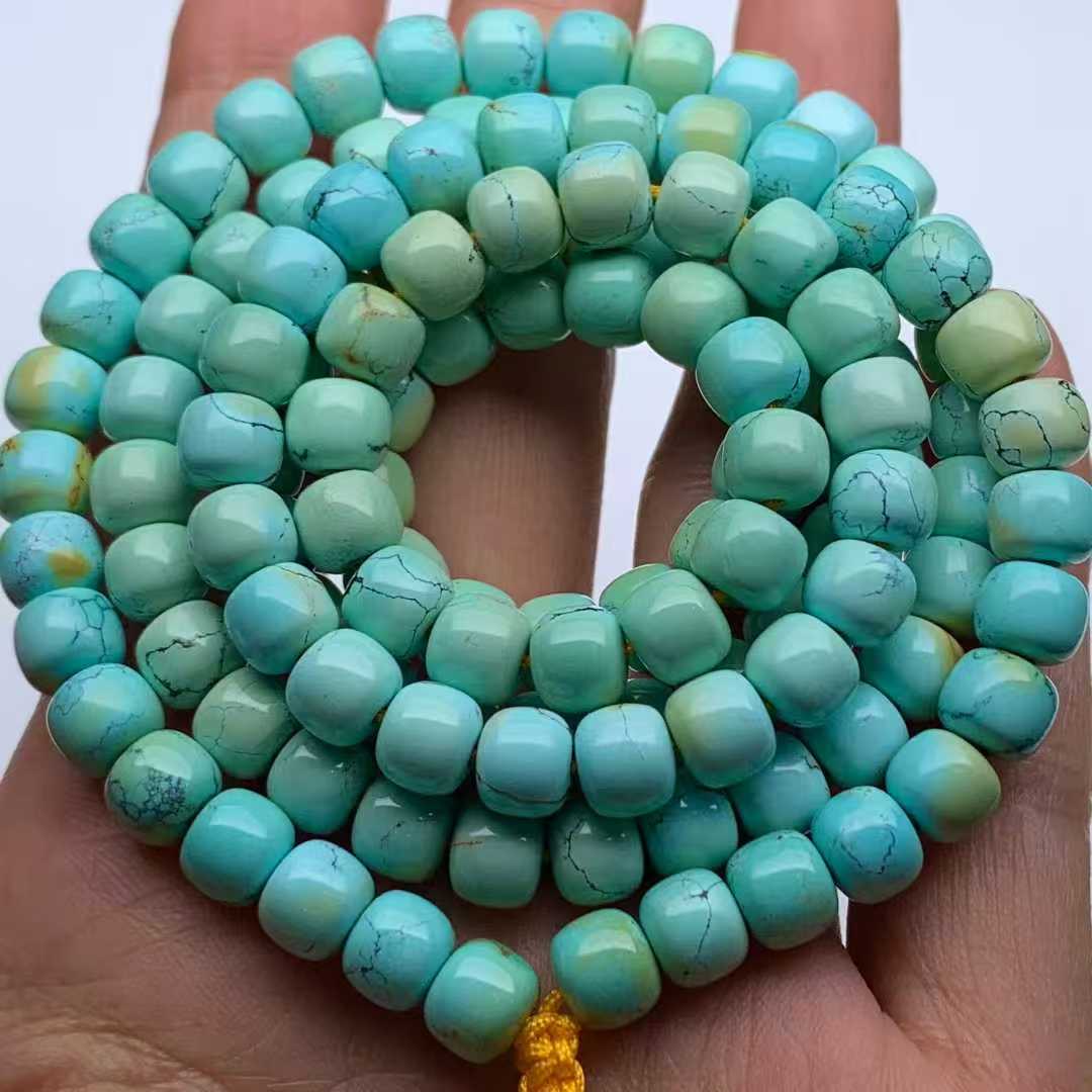 原矿高瓷特色老型珠水草纹绿松石108佛珠念珠项链长串，直径6.8+
