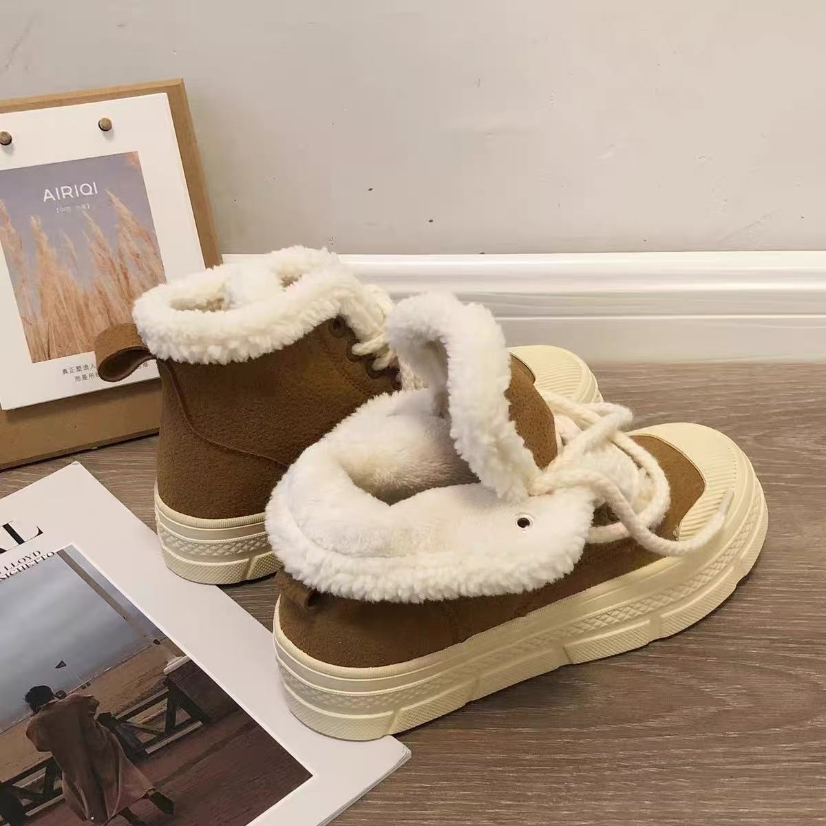 棕色棉鞋女冬季加绒高帮鞋圆头面包鞋厚底雪地靴保暖二棉鞋毛毛鞋