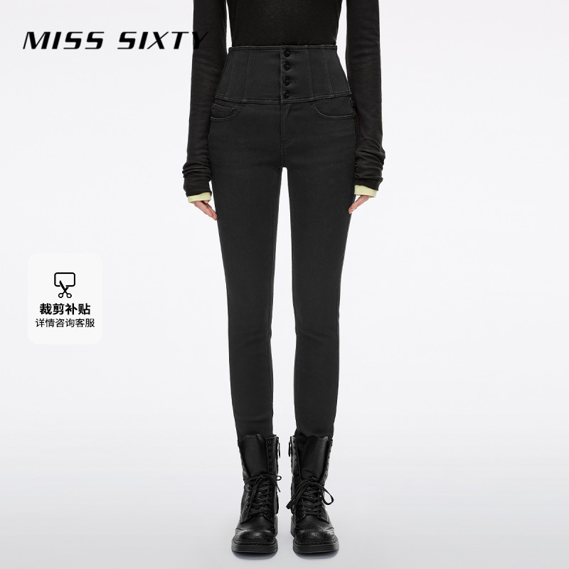 Miss Sixty2025冬季新款复合绒牛仔裤女四扣高腰紧身磨破小脚靴裤