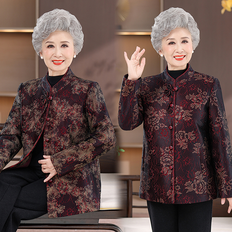 新款秋季妈妈装新中式立领长袖外套中老年女装60岁气质奶奶装外套