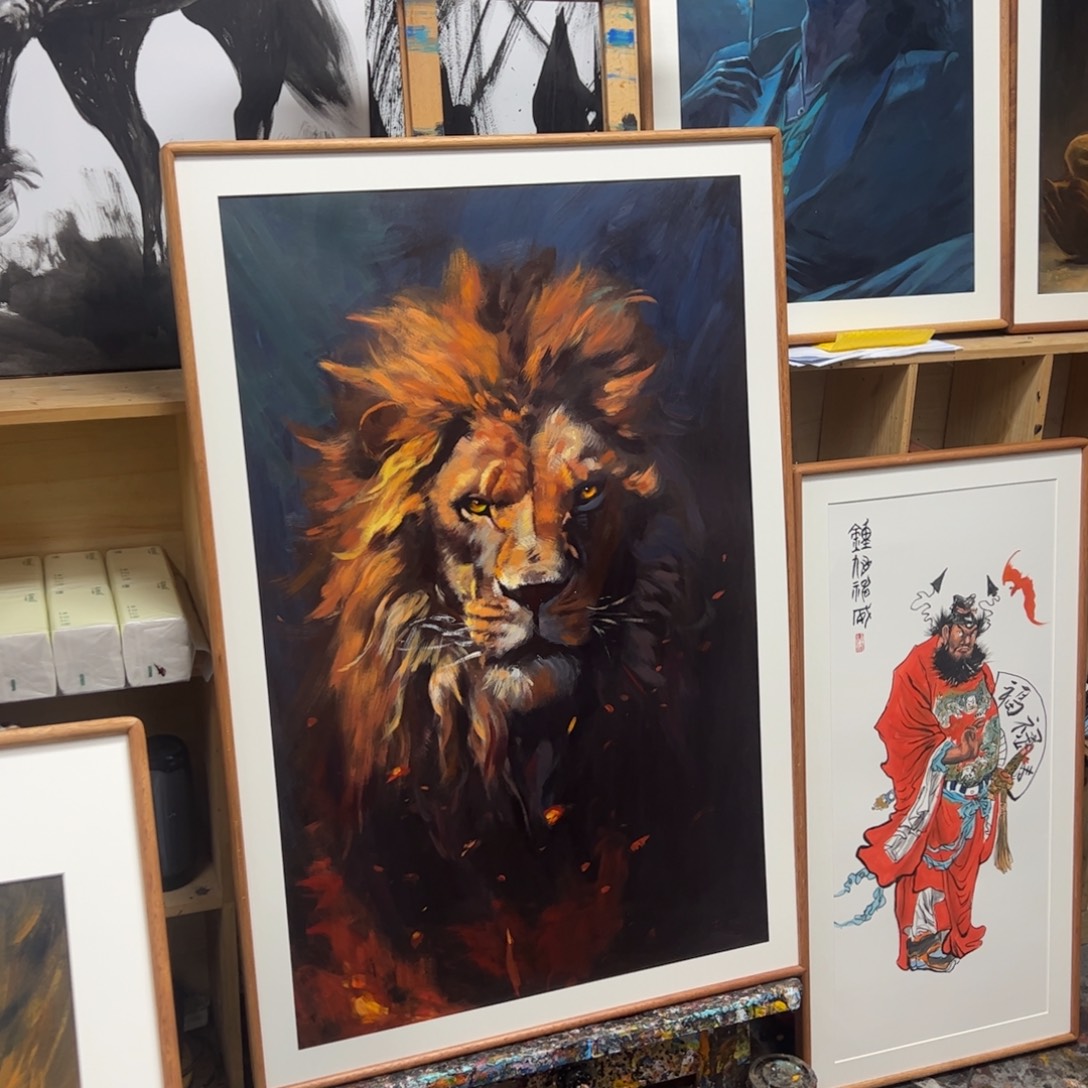 丙烯画谭老师狮子实木精装