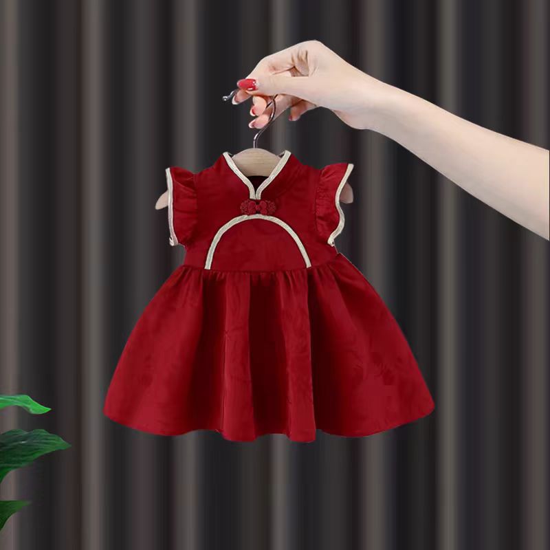 女宝宝连衣裙红色国风旗袍新款婴儿童周岁礼服公主裙夏天薄款洋气
